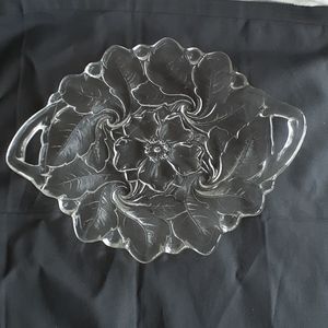 Depression glass tray with handles.